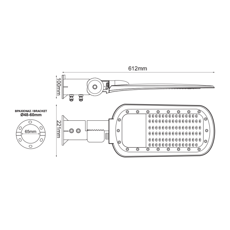 LED STREET LUMINAIRE 100W 12000LM 2200K 140x90˚ CLASS I 230V AC IP66