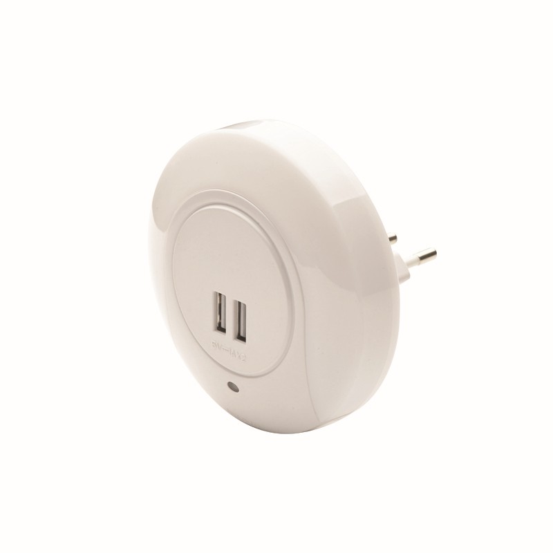 LED ΛΑΜΠΑΚΙ ΝΥΚΤΟΣ 1W 4000K ΜΕ 2 USB ΘΥΡΕΣ, ΔΙΑΚΟΠΤΗ ON/OFF K AUTO MODE, ΛΕΥΚΟ ΠΛΑΣΤΙΚΟ 230V IP20 