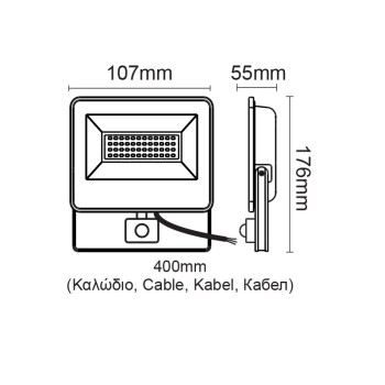 BLACK SENSOR LED SMD FLOOD LUMINAIRE IP66 20W 4000K 2070Lm 230V AC RA80