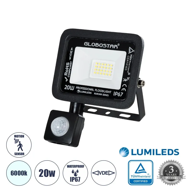 GLOBOSTAR® AURORA 64137 Προβολέας με Ανιχνευτή PIR / Αισθητήρα Κίνησης LED 20W 2500lm 120° AC 220-240V Αδιάβροχο IP67 Ψυχρό Λευκό 6000K - Lumileds SMD Chip - TÜV Rheinland Certified - Μαύρο Ματ - Μ12 x Π5 x Υ14.5cm - 3 Χρόνια Εγγύηση GLOBOSTAR® AURORA 64137 Προβολέας με Ανιχνευτή PIR / Αισθητήρα Κίνησης LED 20W 2500lm 120° AC 220-240V Αδιάβροχο IP67 Ψυχρό Λευκό 6000K - Lumileds SMD Chip - TÜV Rheinland Certified - Μαύρο Ματ - Μ12 x Π5 x Υ14.5cm - 3 Χρόνια Εγγύηση