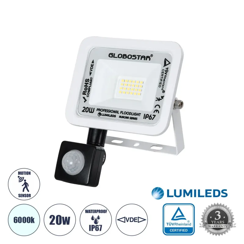 GLOBOSTAR® AURORA 64138 Προβολέας με Ανιχνευτή PIR / Αισθητήρα Κίνησης LED 20W 2500lm 120° AC 220-240V Αδιάβροχο IP67 Ψυχρό Λευκό 6000K - Lumileds SMD Chip - TÜV Rheinland Certified - Λευκό Ματ - Μ12 x Π5 x Υ14.5cm - 3 Χρόνια Εγγύηση GLOBOSTAR® AURORA 64138 Προβολέας με Ανιχνευτή PIR / Αισθητήρα Κίνησης LED 20W 2500lm 120° AC 220-240V Αδιάβροχο IP67 Ψυχρό Λευκό 6000K - Lumileds SMD Chip - TÜV Rheinland Certified - Λευκό Ματ - Μ12 x Π5 x Υ14.5cm - 3 Χρόνια Εγγύηση