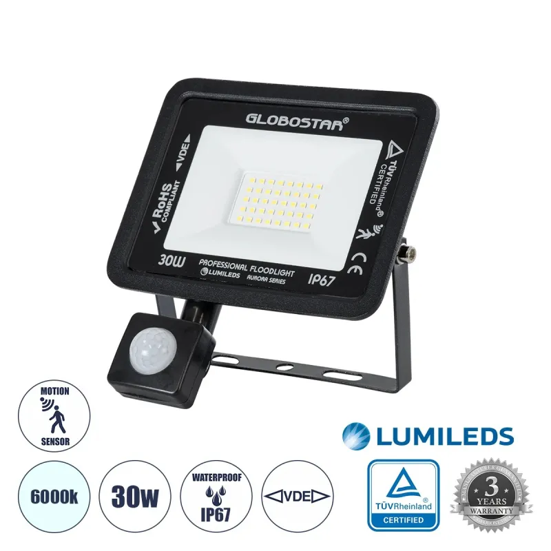 GLOBOSTAR® AURORA 64139 Προβολέας με Ανιχνευτή PIR / Αισθητήρα Κίνησης LED 30W 3750lm 120° AC 220-240V Αδιάβροχο IP67 Ψυχρό Λευκό 6000K - Lumileds SMD Chip - TÜV Rheinland Certified - Μαύρο Ματ - Μ16 x Π5 x Υ17.5cm - 3 Χρόνια Εγγύηση GLOBOSTAR® AURORA 64139 Προβολέας με Ανιχνευτή PIR / Αισθητήρα Κίνησης LED 30W 3750lm 120° AC 220-240V Αδιάβροχο IP67 Ψυχρό Λευκό 6000K - Lumileds SMD Chip - TÜV Rheinland Certified - Μαύρο Ματ - Μ16 x Π5 x Υ17.5cm - 3 Χρόνια Εγγύηση