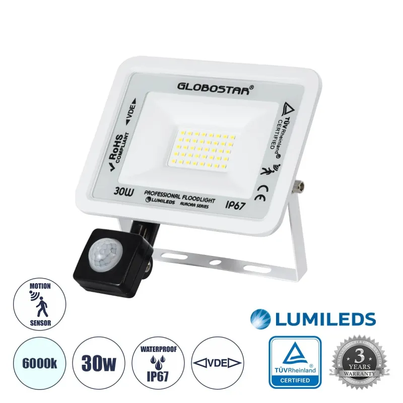 GLOBOSTAR® AURORA 64440 Προβολέας με Ανιχνευτή PIR / Αισθητήρα Κίνησης LED 30W 3750lm 120° AC 220-240V Αδιάβροχο IP67 Ψυχρό Λευκό 6000K - Lumileds SMD Chip - TÜV Rheinland Certified - Λευκό Ματ - Μ16 x Π5 x Υ17.5cm - 3 Χρόνια Εγγύηση GLOBOSTAR® AURORA 64440 Προβολέας με Ανιχνευτή PIR / Αισθητήρα Κίνησης LED 30W 3750lm 120° AC 220-240V Αδιάβροχο IP67 Ψυχρό Λευκό 6000K - Lumileds SMD Chip - TÜV Rheinland Certified - Λευκό Ματ - Μ16 x Π5 x Υ17.5cm - 3 Χρόνια Εγγύηση