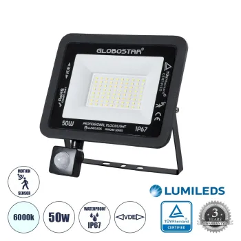 GLOBOSTAR® AURORA 61441 Προβολέας με Ανιχνευτή PIR / Αισθητήρα Κίνησης LED 50W 6250lm 120° AC 220-240V Αδιάβροχο IP67 Ψυχρό Λευκό 6000K - Lumileds SMD Chip - TÜV Rheinland Certified - Μαύρο Ματ - Μ21 x Π5 x Υ21cm - 3 Χρόνια Εγγύηση GLOBOSTAR® AURORA 61441 Προβολέας με Ανιχνευτή PIR / Αισθητήρα Κίνησης LED 50W 6250lm 120° AC 220-240V Αδιάβροχο IP67 Ψυχρό Λευκό 6000K - Lumileds SMD Chip - TÜV Rheinland Certified - Μαύρο Ματ - Μ21 x Π5 x Υ21cm - 3 Χρόνια Εγγύηση