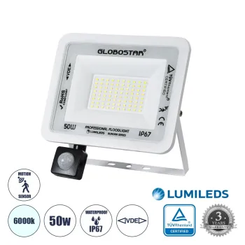 GLOBOSTAR® AURORA 61442 Προβολέας με Ανιχνευτή PIR / Αισθητήρα Κίνησης LED 50W 6250lm 120° AC 220-240V Αδιάβροχο IP67 Ψυχρό Λευκό 6000K - Lumileds SMD Chip - TÜV Rheinland Certified - Λευκό Ματ - Μ21 x Π5 x Υ21cm - 3 Χρόνια Εγγύηση GLOBOSTAR® AURORA 61442 Προβολέας με Ανιχνευτή PIR / Αισθητήρα Κίνησης LED 50W 6250lm 120° AC 220-240V Αδιάβροχο IP67 Ψυχρό Λευκό 6000K - Lumileds SMD Chip - TÜV Rheinland Certified - Λευκό Ματ - Μ21 x Π5 x Υ21cm - 3 Χρόνια Εγγύηση