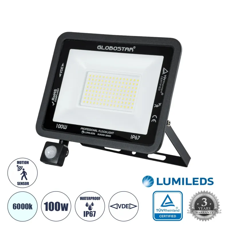 GLOBOSTAR® AURORA 61443 Προβολέας με Ανιχνευτή PIR / Αισθητήρα Κίνησης LED 100W 12500lm 120° AC 220-240V Αδιάβροχο IP67 Ψυχρό Λευκό 6000K - Lumileds SMD Chip - TÜV Rheinland Certified - Μαύρο Ματ - Μ25 x Π6.5 x Υ27.5cm - 3 Χρόνια Εγγύηση GLOBOSTAR® AURORA 61443 Προβολέας με Ανιχνευτή PIR / Αισθητήρα Κίνησης LED 100W 12500lm 120° AC 220-240V Αδιάβροχο IP67 Ψυχρό Λευκό 6000K - Lumileds SMD Chip - TÜV Rheinland Certified - Μαύρο Ματ - Μ25 x Π6.5 x Υ27.5cm - 3 Χρόνια Εγγύηση