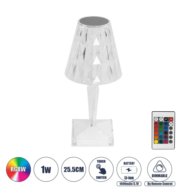 GLOBOSTAR® CRYSTAL 62042 Μοντέρνο Επιτραπέζιο Φωτιστικό Πορτατίφ LED 1W 100lm 360° DC 5V USB-C με Επαναφορτιζόμενη Μπαταρία Li-ion 3.7V 1600mAh IP44 Πολύχρωμο RGBW με Χειριστήριο Dimmable - Sanan SMD Chip - Διάφανο - Μ11.5 x Π11.5 x Υ25.5cm - 3 Χρόνια Εγγ GLOBOSTAR® CRYSTAL 62042 Μοντέρνο Επιτραπέζιο Φωτιστικό Πορτατίφ LED 1W 100lm 360° DC 5V USB-C με Επαναφορτιζόμενη Μπαταρία Li-ion 3.7V 1600mAh IP44 Πολύχρωμο RGBW με Χειριστήριο Dimmable - Sanan SMD Chip - Διάφανο - Μ11.5 x Π11.5 x Υ25.5cm - 3 Χρόνια Εγγ