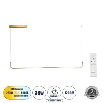GLOBOSTAR® LINARIA 60923 Μοντέρνο Κρεμαστό Φωτιστικό Οροφής LED 36W 4150lm 180° AC 220-240V IP20 Ρυθμιζόμενο Λευκό CCT με Χειριστήριο από 2700K έως 6000K Dimmable - Lumileds SMD Chip - Χρυσό - Μ120 x Π2 x Υ10cm - 3 Χρόνια Εγγύηση
