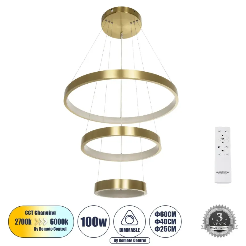 GLOBOSTAR® NEMESIS TRIO 61169 Μοντέρνο Κρεμαστό Φωτιστικό Οροφής LED 100W 12123lm 360° AC 220-240V IP20 Ρυθμιζόμενο Λευκό CCT με Χειριστήριο από 2700K έως 6000K Dimmable - Lumileds SMD Chip - Χρυσό Βούρτσας - Μ60 x Π60 x Υ60cm - 3 Χρόνια Εγγύηση GLOBOSTAR® NEMESIS TRIO 61169 Μοντέρνο Κρεμαστό Φωτιστικό Οροφής LED 100W 12123lm 360° AC 220-240V IP20 Ρυθμιζόμενο Λευκό CCT με Χειριστήριο από 2700K έως 6000K Dimmable - Lumileds SMD Chip - Χρυσό Βούρτσας - Μ60 x Π60 x Υ60cm - 3 Χρόνια Εγγύηση