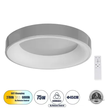 GLOBOSTAR® SALEM 61234 Μοντέρνο Φωτιστικό Οροφής LED 75W 8625lm 120° AC 220-240V IP20 Ρυθμιζόμενο Λευκό CCT με Χειριστήριο από 2700K έως 6000K Dimmable - Lumileds SMD Chip - Γκρι - Μ45 x Π45 x Υ8.5cm - 3 Χρόνια Εγγύηση
