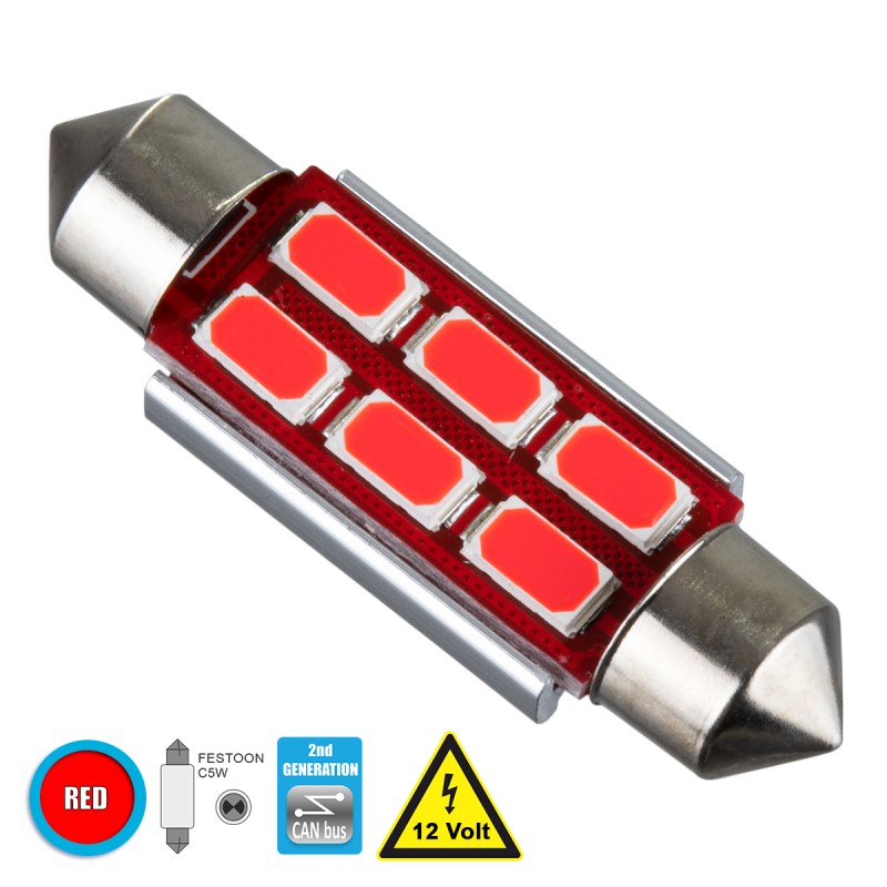 GloboStar® C5W 81318 Λάμπα Αυτοκίνητου 39mm FESTOON  2nd Generation Can-Bus Series LED 6 SMD 5630 4W 480lm 120° DC 12V IP20 Κόκκινο GloboStar® C5W 81318 Λάμπα Αυτοκίνητου 39mm FESTOON  2nd Generation Can-Bus Series LED 6 SMD 5630 4W 480lm 120° DC 12V IP20 Κόκκινο