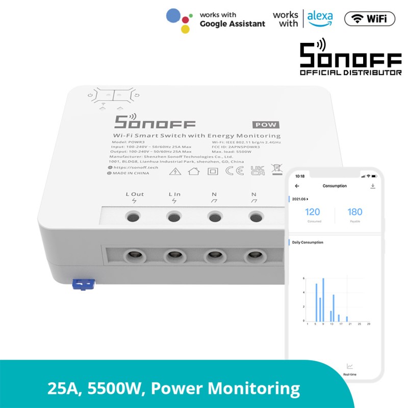 GloboStar® 80060 SONOFF POWR3 - Wi-Fi Smart High Power Switch - 25A/5500W GloboStar® 80060 SONOFF POWR3 - Wi-Fi Smart High Power Switch - 25A/5500W