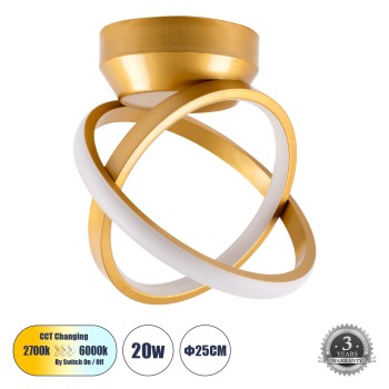 GLOBOSTAR® AMELIA 61054 Μοντέρνο Φωτιστικό Οροφής LED 20W 2400lm 300° AC 220-240V IP20 Ρυθμιζόμενο Λευκό CCT με On/Off 2700K/4500K/6000K - Lumileds SMD Chip - Χρυσό Βούρτσας - Μ24.5 x Π16 x Υ25cm - 3 Χρόνια Εγγύηση GLOBOSTAR® AMELIA 61054 Μοντέρνο Φωτιστικό Οροφής LED 20W 2400lm 300° AC 220-240V IP20 Ρυθμιζόμενο Λευκό CCT με On/Off 2700K/4500K/6000K - Lumileds SMD Chip - Χρυσό Βούρτσας - Μ24.5 x Π16 x Υ25cm - 3 Χρόνια Εγγύηση