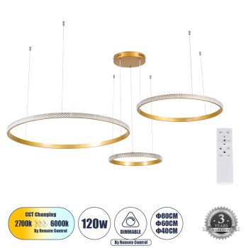GLOBOSTAR® DIAMOND TRIO 61145 Μοντέρνο Κρεμαστό Φωτιστικό Οροφής LED 120W 14723lm 360° AC 220-240V IP20 Ρυθμιζόμενο Λευκό CCT με Χειριστήριο από 2700K έως 6000K Dimmable - Lumileds SMD Chip - Χρυσό Βούρτσας - Μ150 x Π150 x Υ60cm - 3 Χρόνια Εγγύηση GLOBOSTAR® DIAMOND TRIO 61145 Μοντέρνο Κρεμαστό Φωτιστικό Οροφής LED 120W 14723lm 360° AC 220-240V IP20 Ρυθμιζόμενο Λευκό CCT με Χειριστήριο από 2700K έως 6000K Dimmable - Lumileds SMD Chip - Χρυσό Βούρτσας - Μ150 x Π150 x Υ60cm - 3 Χρόνια Εγγύηση