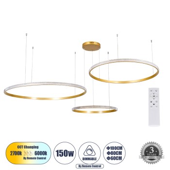 GLOBOSTAR® DIAMOND TRIO 61147 Μοντέρνο Κρεμαστό Φωτιστικό Οροφής LED 150W 18379lm 360° AC 220-240V IP20 Ρυθμιζόμενο Λευκό CCT με Χειριστήριο από 2700K έως 6000K Dimmable - Lumileds SMD Chip - Χρυσό Βούρτσας - Μ170 x Π170 x Υ60cm - 3 Χρόνια Εγγύηση GLOBOSTAR® DIAMOND TRIO 61147 Μοντέρνο Κρεμαστό Φωτιστικό Οροφής LED 150W 18379lm 360° AC 220-240V IP20 Ρυθμιζόμενο Λευκό CCT με Χειριστήριο από 2700K έως 6000K Dimmable - Lumileds SMD Chip - Χρυσό Βούρτσας - Μ170 x Π170 x Υ60cm - 3 Χρόνια Εγγύηση