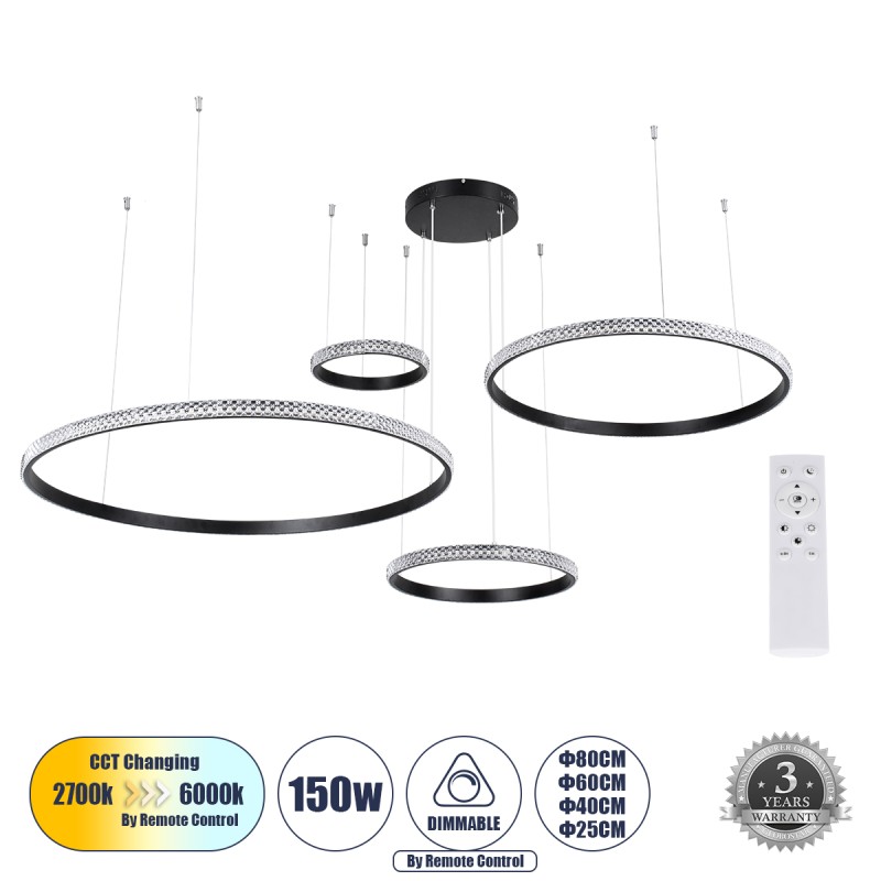 GLOBOSTAR® DIAMOND TETRA 61148 Μοντέρνο Κρεμαστό Φωτιστικό Οροφής LED 150W 18379lm 360° AC 220-240V IP20 Ρυθμιζόμενο Λευκό CCT με Χειριστήριο από 2700K έως 6000K Dimmable - Lumileds SMD Chip - Μαύρο Ματ - Μ150 x Π150 x Υ120cm - 3 Χρόνια Εγγύηση
