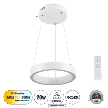 GLOBOSTAR® NEMESIS 61153 Μοντέρνο Κρεμαστό Φωτιστικό Οροφής LED 20W 2356lm 360° AC 220-240V IP20 Ρυθμιζόμενο Λευκό CCT με Χειριστήριο από 2700K έως 6000K Dimmable - Lumileds SMD Chip - Λευκό Ματ - Μ25 x Π25 x Υ4cm - 3 Χρόνια Εγγύηση GLOBOSTAR® NEMESIS 61153 Μοντέρνο Κρεμαστό Φωτιστικό Οροφής LED 20W 2356lm 360° AC 220-240V IP20 Ρυθμιζόμενο Λευκό CCT με Χειριστήριο από 2700K έως 6000K Dimmable - Lumileds SMD Chip - Λευκό Ματ - Μ25 x Π25 x Υ4cm - 3 Χρόνια Εγγύηση