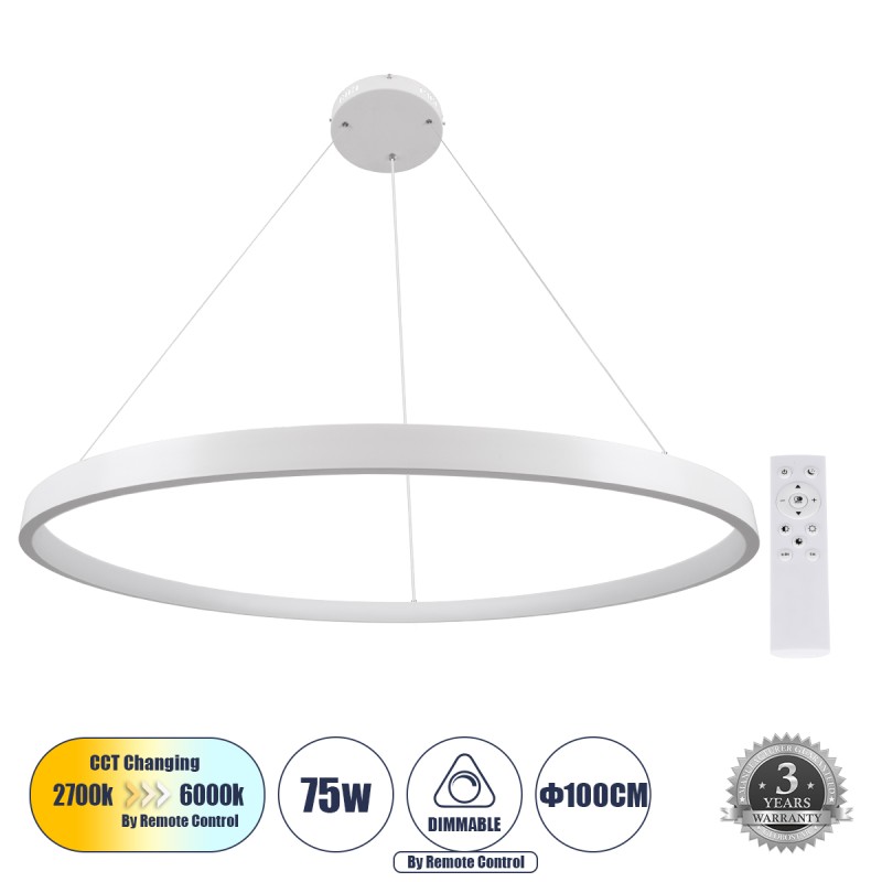 GLOBOSTAR® NEMESIS 61165 Μοντέρνο Κρεμαστό Φωτιστικό Οροφής LED 75W 8743lm 360° AC 220-240V IP20 Ρυθμιζόμενο Λευκό CCT με Χειριστήριο από 2700K έως 6000K Dimmable - Lumileds SMD Chip - Λευκό Ματ - Μ100 x Π100 x Υ4cm - 3 Χρόνια Εγγύηση GLOBOSTAR® NEMESIS 61165 Μοντέρνο Κρεμαστό Φωτιστικό Οροφής LED 75W 8743lm 360° AC 220-240V IP20 Ρυθμιζόμενο Λευκό CCT με Χειριστήριο από 2700K έως 6000K Dimmable - Lumileds SMD Chip - Λευκό Ματ - Μ100 x Π100 x Υ4cm - 3 Χρόνια Εγγύηση