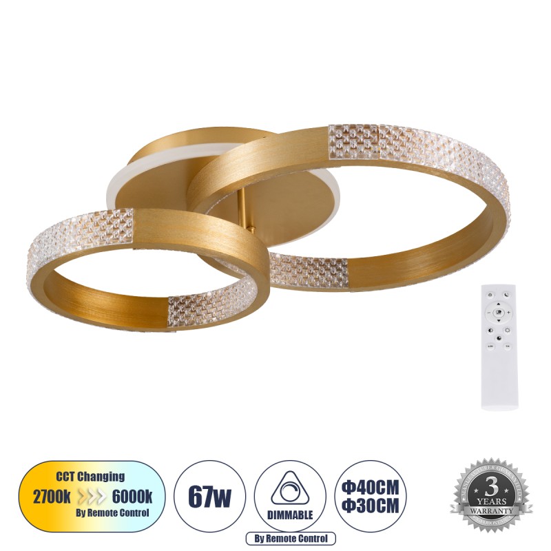 GLOBOSTAR® DIAMOND 61113 Μοντέρνο Φωτιστικό Οροφής LED 67W 8078lm 360° AC 220-240V IP20 Ρυθμιζόμενο Λευκό CCT με Χειριστήριο από 2700K έως 6000K Dimmable - Lumileds SMD Chip - Χρυσό Βούρτσας - Μ60 x Π40 x Υ14cm - 3 Χρόνια Εγγύηση