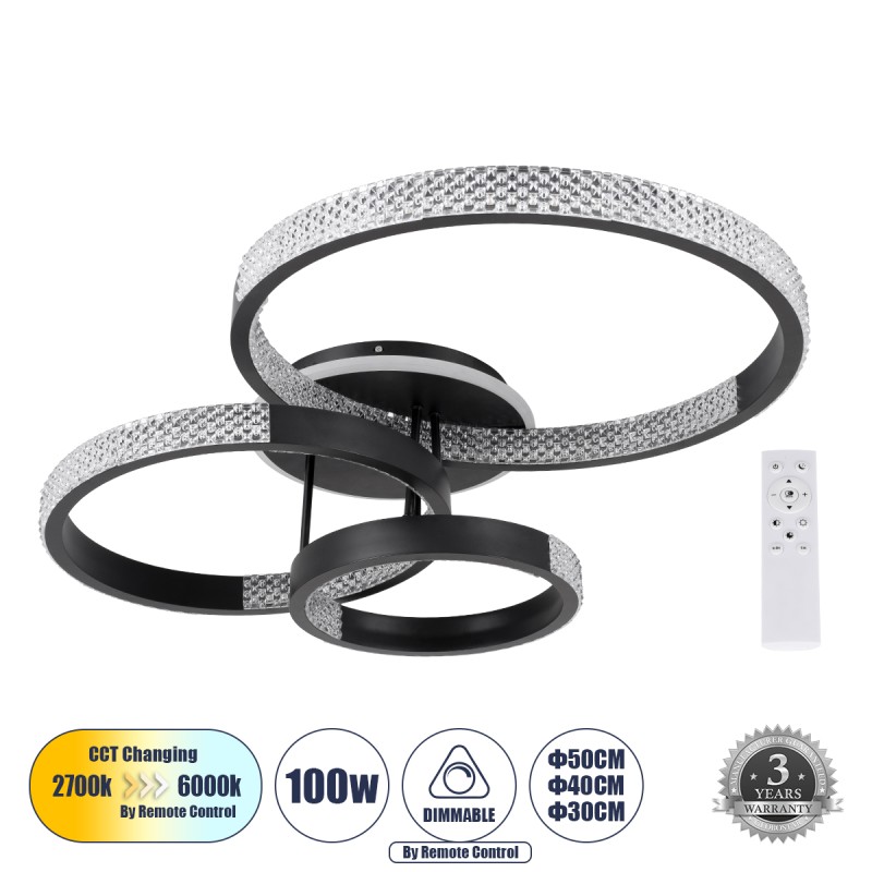 GLOBOSTAR® DIAMOND 61114 Μοντέρνο Φωτιστικό Οροφής LED 100W 12123lm 360° AC 220-240V IP20 Ρυθμιζόμενο Λευκό CCT με Χειριστήριο από 2700K έως 6000K Dimmable - Lumileds SMD Chip - Μαύρο Ματ - Μ80 x Π50 x Υ20cm - 3 Χρόνια Εγγύηση