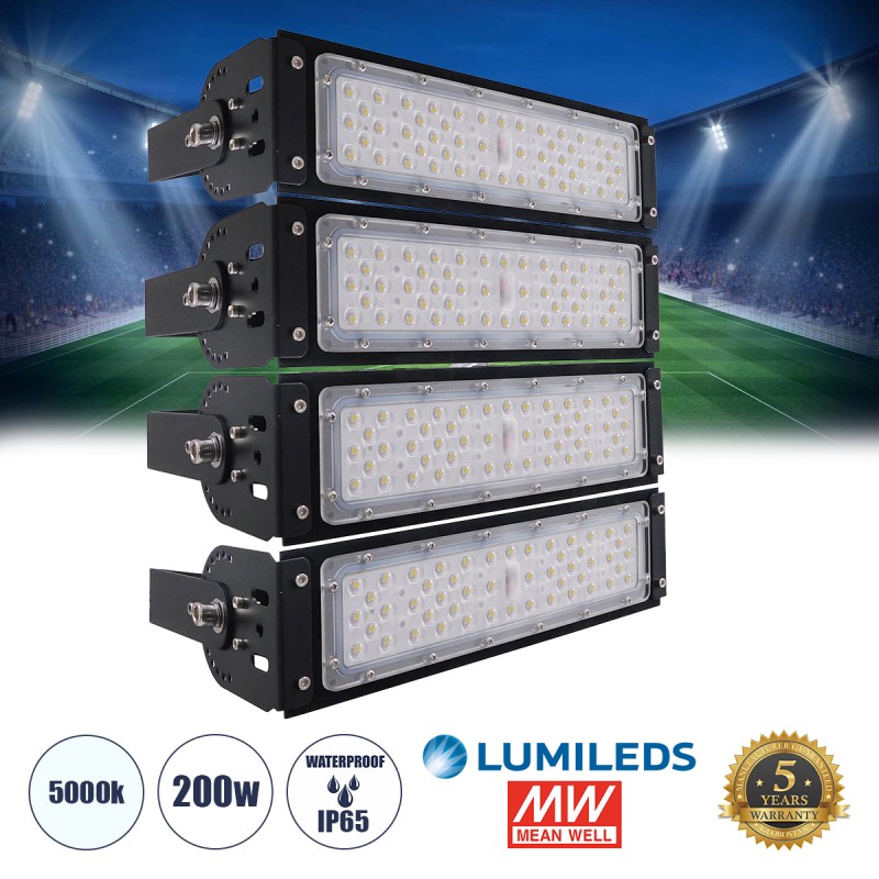GLOBOSTAR® GOLIATH 90100-4 Προβολέας για Γήπεδα Tennis & Ποδοσφαίρου 5x5 LED 200W 30000lm 75°x135° SDCM<5 Fish Eye Lens AC 220-240V Αδιάβροχο IP65 IK08 Φυσικό Λευκό 5000K - Lumileds SMD Chip & Mean Well Driver - Μαύρο Ματ - Μ32 x Π12 x Υ36cm - 