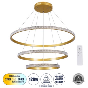 GLOBOSTAR® DIAMOND TRIO 61139 Μοντέρνο Κρεμαστό Φωτιστικό Οροφής LED 120W 14723lm 360° AC 220-240V IP20 Ρυθμιζόμενο Λευκό CCT με Χειριστήριο από 2700K έως 6000K Dimmable - Lumileds SMD Chip - Χρυσό Βούρτσας - Μ80 x Π80 x Υ80cm - 3 Χρόνια Εγγύηση GLOBOSTAR® DIAMOND TRIO 61139 Μοντέρνο Κρεμαστό Φωτιστικό Οροφής LED 120W 14723lm 360° AC 220-240V IP20 Ρυθμιζόμενο Λευκό CCT με Χειριστήριο από 2700K έως 6000K Dimmable - Lumileds SMD Chip - Χρυσό Βούρτσας - Μ80 x Π80 x Υ80cm - 3 Χρόνια Εγγύηση