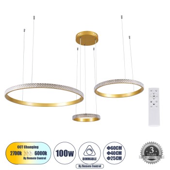 GLOBOSTAR® DIAMOND TRIO 61143 Μοντέρνο Κρεμαστό Φωτιστικό Οροφής LED 100W 12123lm 360° AC 220-240V IP20 Ρυθμιζόμενο Λευκό CCT με Χειριστήριο από 2700K έως 6000K Dimmable - Lumileds SMD Chip - Χρυσό Βούρτσας - Μ110 x Π110 x Υ60cm - 3 Χρόνια Εγγύηση GLOBOSTAR® DIAMOND TRIO 61143 Μοντέρνο Κρεμαστό Φωτιστικό Οροφής LED 100W 12123lm 360° AC 220-240V IP20 Ρυθμιζόμενο Λευκό CCT με Χειριστήριο από 2700K έως 6000K Dimmable - Lumileds SMD Chip - Χρυσό Βούρτσας - Μ110 x Π110 x Υ60cm - 3 Χρόνια Εγγύηση