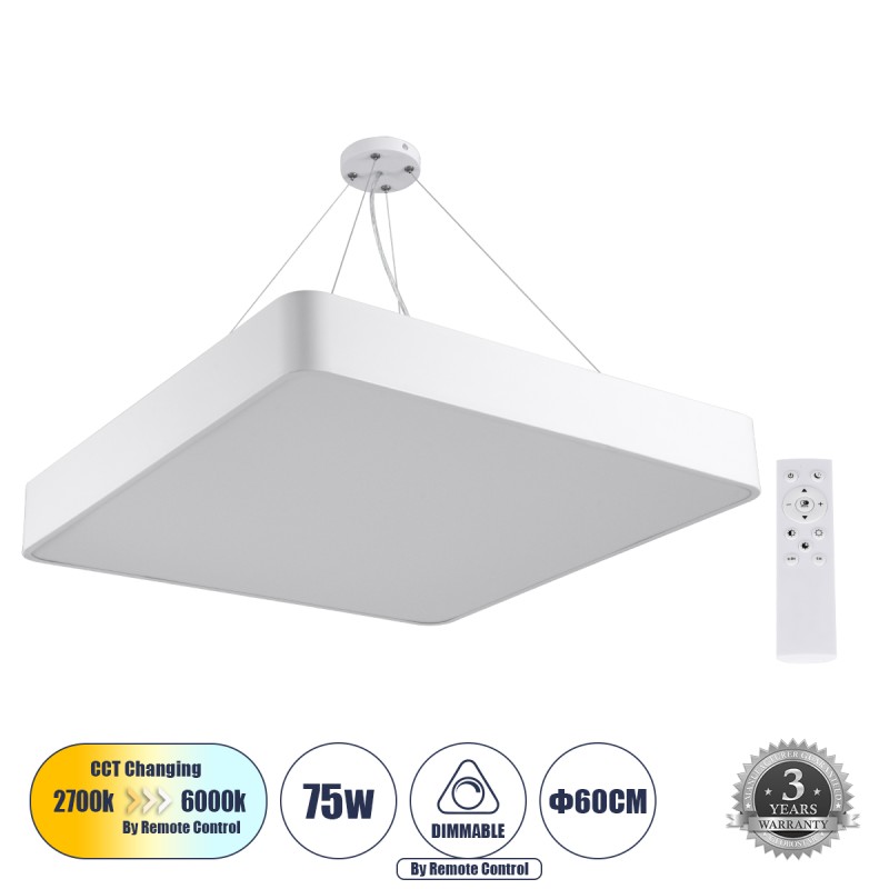 GLOBOSTAR® KAMALA 61209 Μοντέρνο Κρεμαστό Φωτιστικό Οροφής LED 75W 8625lm 120° AC 220-240V IP20 Ρυθμιζόμενο Λευκό CCT με Χειριστήριο από 2700K έως 6000K Dimmable - Lumileds SMD Chip - Λευκό Ματ - Μ60 x Π60 x Υ8cm - 3 Χρόνια Εγγύηση GLOBOSTAR® KAMALA 61209 Μοντέρνο Κρεμαστό Φωτιστικό Οροφής LED 75W 8625lm 120° AC 220-240V IP20 Ρυθμιζόμενο Λευκό CCT με Χειριστήριο από 2700K έως 6000K Dimmable - Lumileds SMD Chip - Λευκό Ματ - Μ60 x Π60 x Υ8cm - 3 Χρόνια Εγγύηση