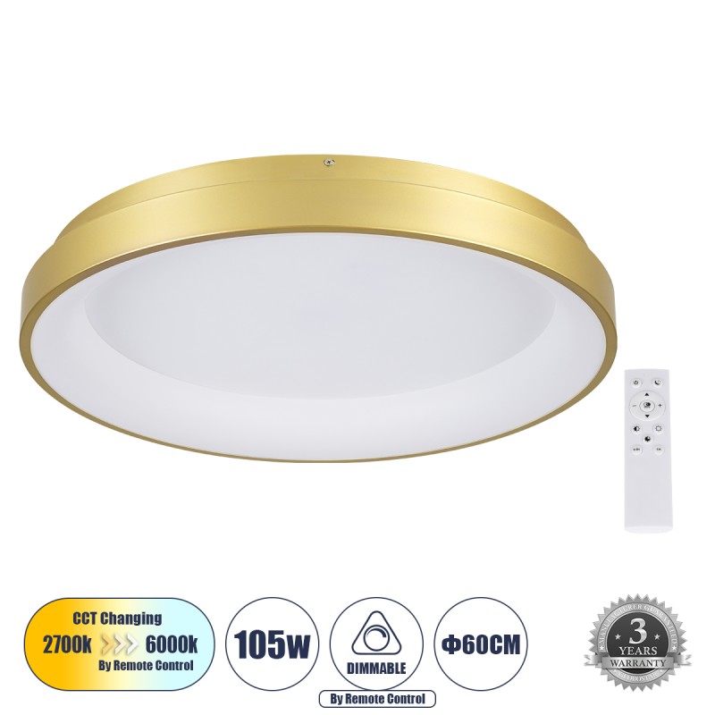 GLOBOSTAR® SALEM 61239 Μοντέρνο Φωτιστικό Οροφής LED 105W 12075lm 120° AC 220-240V IP20 Ρυθμιζόμενο Λευκό CCT με Χειριστήριο από 2700K έως 6000K Dimmable - Lumileds SMD Chip - Χρυσό - Μ60 x Π60 x Υ8.5cm - 3 Χρόνια Εγγύηση GLOBOSTAR® SALEM 61239 Μοντέρνο Φωτιστικό Οροφής LED 105W 12075lm 120° AC 220-240V IP20 Ρυθμιζόμενο Λευκό CCT με Χειριστήριο από 2700K έως 6000K Dimmable - Lumileds SMD Chip - Χρυσό - Μ60 x Π60 x Υ8.5cm - 3 Χρόνια Εγγύηση