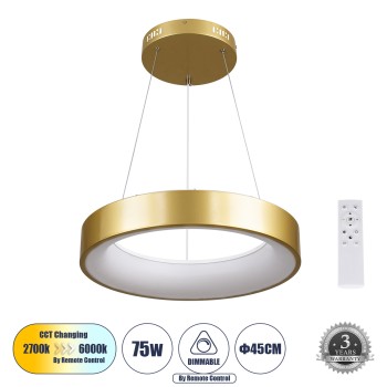 GLOBOSTAR® SALEM 61243 Μοντέρνο Κρεμαστό Φωτιστικό Οροφής LED 75W 8625lm 120° AC 220-240V IP20 Ρυθμιζόμενο Λευκό CCT με Χειριστήριο από 2700K έως 6000K Dimmable - Lumileds SMD Chip - Χρυσό - Μ45 x Π45 x Υ7cm - 3 Χρόνια Εγγύηση GLOBOSTAR® SALEM 61243 Μοντέρνο Κρεμαστό Φωτιστικό Οροφής LED 75W 8625lm 120° AC 220-240V IP20 Ρυθμιζόμενο Λευκό CCT με Χειριστήριο από 2700K έως 6000K Dimmable - Lumileds SMD Chip - Χρυσό - Μ45 x Π45 x Υ7cm - 3 Χρόνια Εγγύηση
