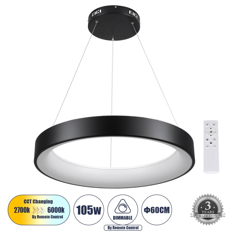 GLOBOSTAR® SALEM 61245 Μοντέρνο Κρεμαστό Φωτιστικό Οροφής LED 105W 12075lm 120° AC 220-240V IP20 Ρυθμιζόμενο Λευκό CCT με Χειριστήριο από 2700K έως 6000K Dimmable - Lumileds SMD Chip - Μαύρο Ματ - Μ60 x Π60 x Υ7cm - 3 Χρόνια Εγγύηση
