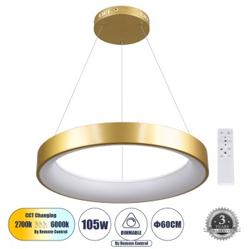 GLOBOSTAR® SALEM 61247 Μοντέρνο Κρεμαστό Φωτιστικό Οροφής LED 105W 12075lm 120° AC 220-240V IP20 Ρυθμιζόμενο Λευκό CCT με Χειριστήριο από 2700K έως 6000K Dimmable - Lumileds SMD Chip - Χρυσό - Μ60 x Π60 x Υ7cm - 3 Χρόνια Εγγύηση GLOBOSTAR® SALEM 61247 Μοντέρνο Κρεμαστό Φωτιστικό Οροφής LED 105W 12075lm 120° AC 220-240V IP20 Ρυθμιζόμενο Λευκό CCT με Χειριστήριο από 2700K έως 6000K Dimmable - Lumileds SMD Chip - Χρυσό - Μ60 x Π60 x Υ7cm - 3 Χρόνια Εγγύηση