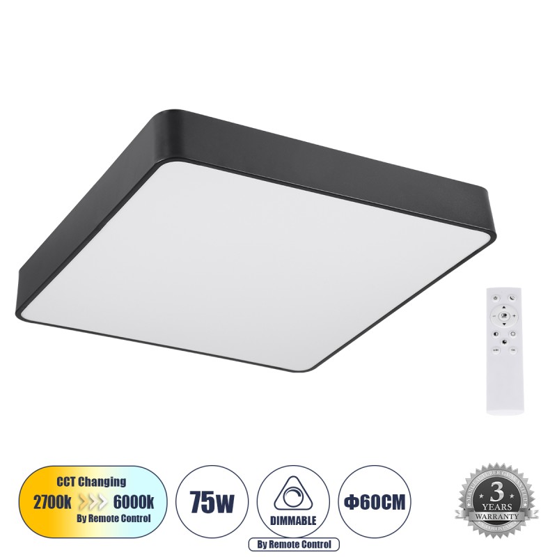 GLOBOSTAR® KAMALA 61208-S Μοντέρνο Φωτιστικό Οροφής LED 75W 8625lm 120° AC 220-240V IP20 Ρυθμιζόμενο Λευκό CCT με Χειριστήριο από 2700K έως 6000K Dimmable - Lumileds SMD Chip - Μαύρο Ματ - Μ60 x Π60 x Υ8cm - 3 Χρόνια Εγγύηση GLOBOSTAR® KAMALA 61208-S Μοντέρνο Φωτιστικό Οροφής LED 75W 8625lm 120° AC 220-240V IP20 Ρυθμιζόμενο Λευκό CCT με Χειριστήριο από 2700K έως 6000K Dimmable - Lumileds SMD Chip - Μαύρο Ματ - Μ60 x Π60 x Υ8cm - 3 Χρόνια Εγγύηση