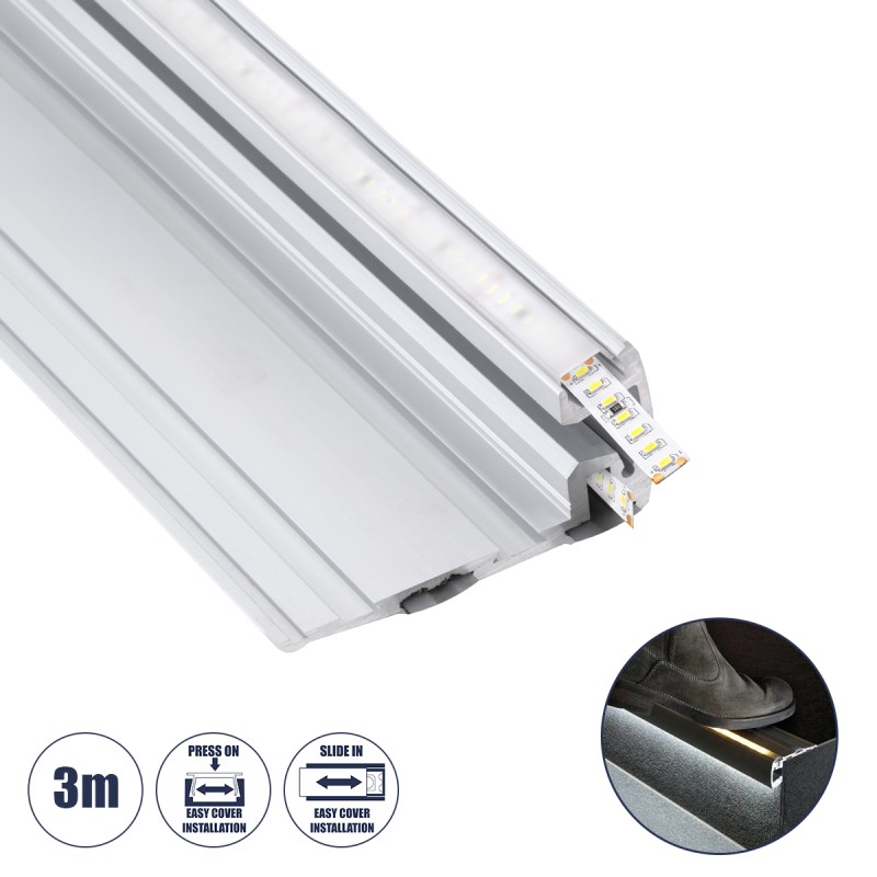 GloboStar® STAIR-PROFILE 70842-3M Προφίλ Αλουμινίου - Βάση & Ψύκτρα Ταινίας LED με Λευκό Γαλακτερό Κάλυμμα - Χρήση σε Σκαλοπάτια - Πατητό Κάλυμμα - Ασημί - 3 Μέτρα - Μ300 x Π8 x Υ3.2cm GloboStar® STAIR-PROFILE 70842-3M Προφίλ Αλουμινίου - Βάση & Ψύκτρα Ταινίας LED με Λευκό Γαλακτερό Κάλυμμα - Χρήση σε Σκαλοπάτια - Πατητό Κάλυμμα - Ασημί - 3 Μέτρα - Μ300 x Π8 x Υ3.2cm