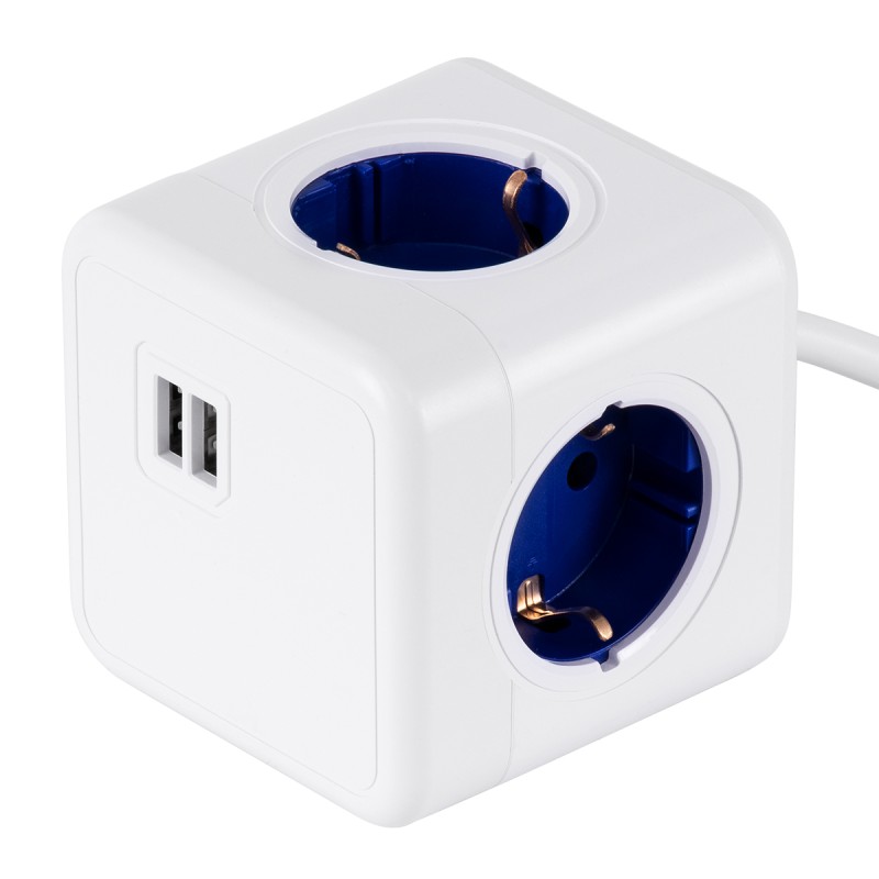 GloboStar® TRAVEL PowerCube PRO Certified 79643 Πολύπριζο 6 Θέσεων με 1.5m Kαλώδιο - 4 Πρίζες Ασφαλείας Childproof EU Schuko AC 220-240V & 2 Πρίζες USB Max 2.1A/DC 5V Μ7.5 x Π7.5 x Υ7.5 - Λευκό με Μπλε - Max Load 3680W/16A GloboStar® TRAVEL PowerCube PRO Certified 79643 Πολύπριζο 6 Θέσεων με 1.5m Kαλώδιο - 4 Πρίζες Ασφαλείας Childproof EU Schuko AC 220-240V & 2 Πρίζες USB Max 2.1A/DC 5V Μ7.5 x Π7.5 x Υ7.5 - Λευκό με Μπλε - Max Load 3680W/16A
