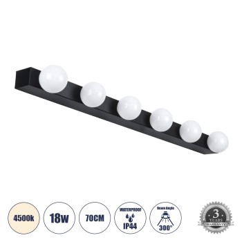 GLOBOSTAR® BELLA 60452 Μοντέρνο Φωτιστικό Τοίχου - Απλίκα Καθρέπτη Μπάνιου LED 18W 2052lm 300° AC 220-240V IP20 Φυσικό Λευκό 4500K - Bridgelux COB Chip & TÜV SÜD Driver - Μαύρο Ματ - Μ70 x Π11 x Υ6cm - 3 Χρόνια Εγγύηση