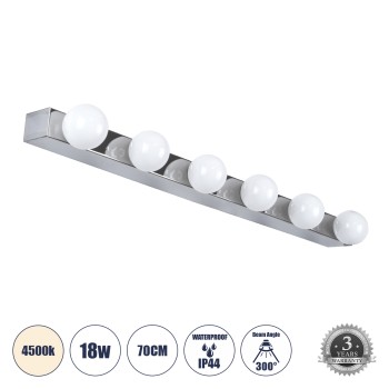 GLOBOSTAR® BELLA 60453 Μοντέρνο Φωτιστικό Τοίχου - Απλίκα Καθρέπτη Μπάνιου LED 18W 2052lm 300° AC 220-240V IP20 Φυσικό Λευκό 4500K - Bridgelux COB Chip & TÜV SÜD Driver - Μαύρο Ματ - Μ70 x Π11 x Υ6cm - 3 Χρόνια Εγγύηση