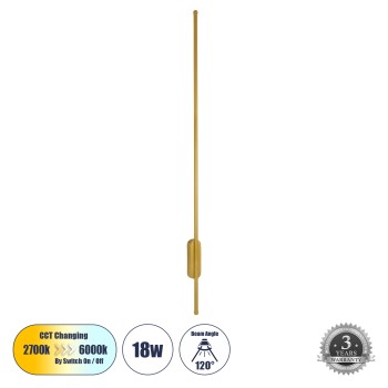 GLOBOSTAR® HARLEM 61336 Μοντέρνο Φωτιστικό Τοίχου - Απλίκα LED 18W 2160lm 120° AC 220-240V IP20 Ρυθμιζόμενο Λευκό CCT με On/Off 2700K/4500K/6000K - Lumileds SMD Chip - Χρυσό Βούρτσας - Μ5 x Π4 x Υ120cm - 3 Χρόνια Εγγύηση GLOBOSTAR® HARLEM 61336 Μοντέρνο Φωτιστικό Τοίχου - Απλίκα LED 18W 2160lm 120° AC 220-240V IP20 Ρυθμιζόμενο Λευκό CCT με On/Off 2700K/4500K/6000K - Lumileds SMD Chip - Χρυσό Βούρτσας - Μ5 x Π4 x Υ120cm - 3 Χρόνια Εγγύηση