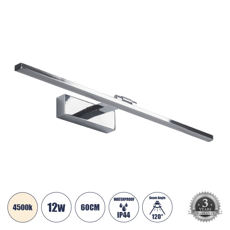 GLOBOSTAR® ELLIS 60445 Μοντέρνο Φωτιστικό Τοίχου - Απλίκα Καθρέπτη Μπάνιου LED 12W 1400lm 120° AC 220-240V IP20 Φυσικό Λευκό 4500K - Lumileds SMD Chip & TÜV SÜD Driver - Νίκελ Χρώμιο - Μ60 x Π16 x Υ6cm - 3 Χρόνια Εγγύηση