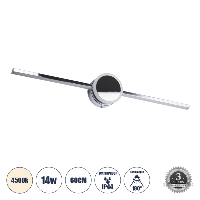 GLOBOSTAR® OPAL 60455 Μοντέρνο Φωτιστικό Τοίχου - Απλίκα Καθρέπτη Μπάνιου LED 14W 1600lm 180° AC 220-240V IP20 Φυσικό Λευκό 4500K - Lumileds SMD Chip & TÜV SÜD Driver - Νίκελ Χρώμιο - Μ60 x Π6 x Υ10cm - 3 Χρόνια Εγγύηση