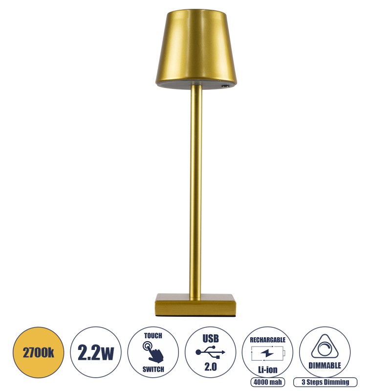 GloboStar® NEGA 60475 Μοντέρνο Επιτραπέζιο Φωτιστικό Πορτατίφ LED 2.2W 154lm 360° DC 5V Επαναφορτιζόμενο με Μπαταρία Li-ion 4000mAh - Διακόπτη Αφής - Θερμό Λευκό 2700K - Dimmable - D10 x H39cm - Χρυσό - 2 Years Warranty GloboStar® NEGA 60475 Μοντέρνο Επιτραπέζιο Φωτιστικό Πορτατίφ LED 2.2W 154lm 360° DC 5V Επαναφορτιζόμενο με Μπαταρία Li-ion 4000mAh - Διακόπτη Αφής - Θερμό Λευκό 2700K - Dimmable - D10 x H39cm - Χρυσό - 2 Years Warranty