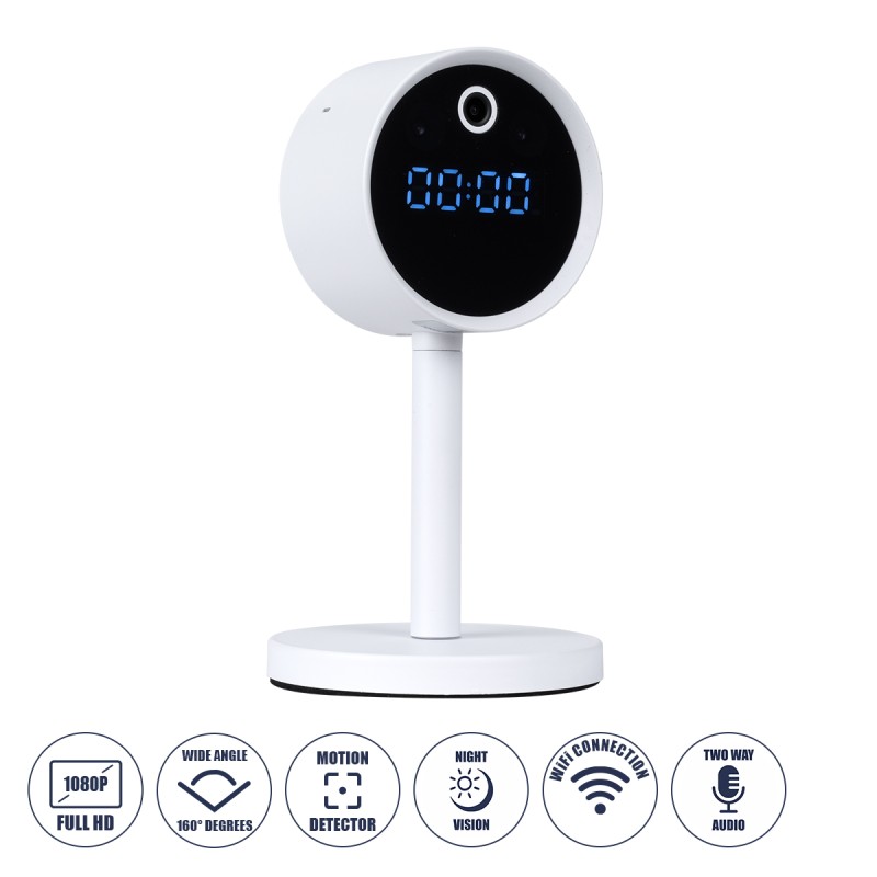 GloboStar® 86006 Rechargeable Table Camera WiFi HD 1080P 160° 1500mAh Two Way Audio Motion Detection & Digital Clock - Επαναφορτιζόμενη Επιτραπέζια Κάμερα WiFi HD 1080P 160° 1500mAh Διπλή Κατέυθυνση Ομιλίας Ανιχνευτή Κίνησης & Ψηφιακό Ρολόι - Λευκ GloboStar® 86006 Rechargeable Table Camera WiFi HD 1080P 160° 1500mAh Two Way Audio Motion Detection & Digital Clock - Επαναφορτιζόμενη Επιτραπέζια Κάμερα WiFi HD 1080P 160° 1500mAh Διπλή Κατέυθυνση Ομιλίας Ανιχνευτή Κίνησης & Ψηφιακό Ρολόι - Λευκ