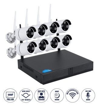 GloboStar® 86038 Ασύρματο Καταγραφικό με 8 x Camera 2MP 1080P WiFi  150° Μοιρών - Αδιάβροχο IP66 - Νυχτερινή Όραση με LED IR - Μονή Κατέυθυνση Ομιλίας - Ανιχνευτή Κίνησης - Νυχτερινή Λήψη - Λευκό GloboStar® 86038 Ασύρματο Καταγραφικό με 8 x Camera 2MP 1080P WiFi  150° Μοιρών - Αδιάβροχο IP66 - Νυχτερινή Όραση με LED IR - Μονή Κατέυθυνση Ομιλίας - Ανιχνευτή Κίνησης - Νυχτερινή Λήψη - Λευκό