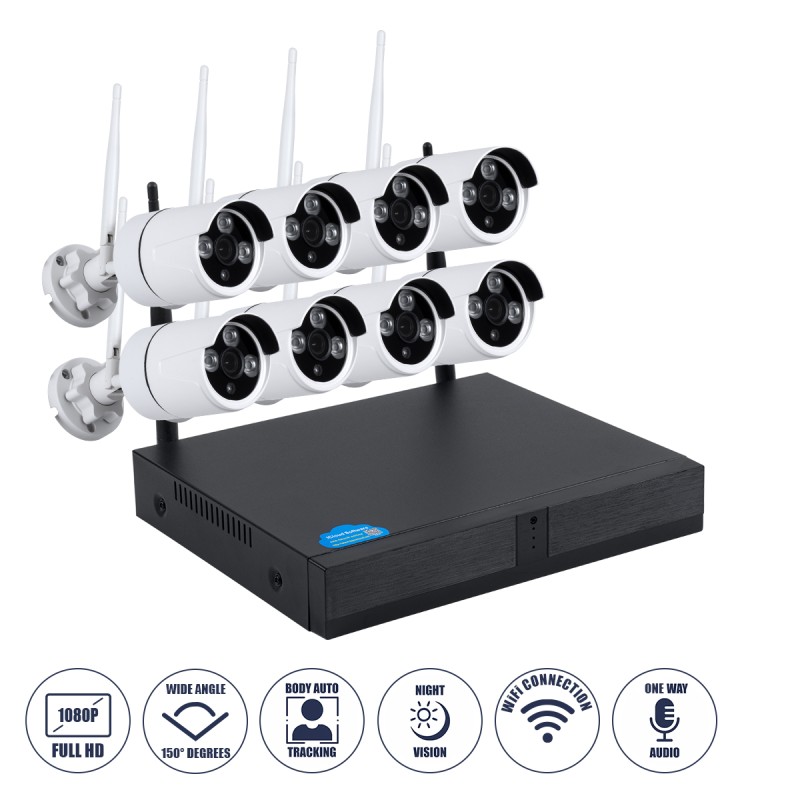 GloboStar® 86038 Ασύρματο Καταγραφικό με 8 x Camera 2MP 1080P WiFi  150° Μοιρών - Αδιάβροχο IP66 - Νυχτερινή Όραση με LED IR - Μονή Κατέυθυνση Ομιλίας - Ανιχνευτή Κίνησης - Νυχτερινή Λήψη - Λευκό GloboStar® 86038 Ασύρματο Καταγραφικό με 8 x Camera 2MP 1080P WiFi  150° Μοιρών - Αδιάβροχο IP66 - Νυχτερινή Όραση με LED IR - Μονή Κατέυθυνση Ομιλίας - Ανιχνευτή Κίνησης - Νυχτερινή Λήψη - Λευκό