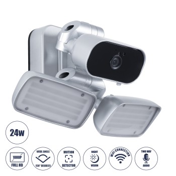 GloboStar® 86043 Προβολέας LED SMD 24W 2160lm με IP Camera 1080P 2MP WiFi 150° Μοιρών - AC 230V - με Αισθητήρα Ημέρας-Νύχτας & Ρύθμιση Χρόνου Ανάμματος - Αδιάβροχος IP66 Ψυχρό Λευκό 6000K - Ασημί GloboStar® 86043 Προβολέας LED SMD 24W 2160lm με IP Camera 1080P 2MP WiFi 150° Μοιρών - AC 230V - με Αισθητήρα Ημέρας-Νύχτας & Ρύθμιση Χρόνου Ανάμματος - Αδιάβροχος IP66 Ψυχρό Λευκό 6000K - Ασημί