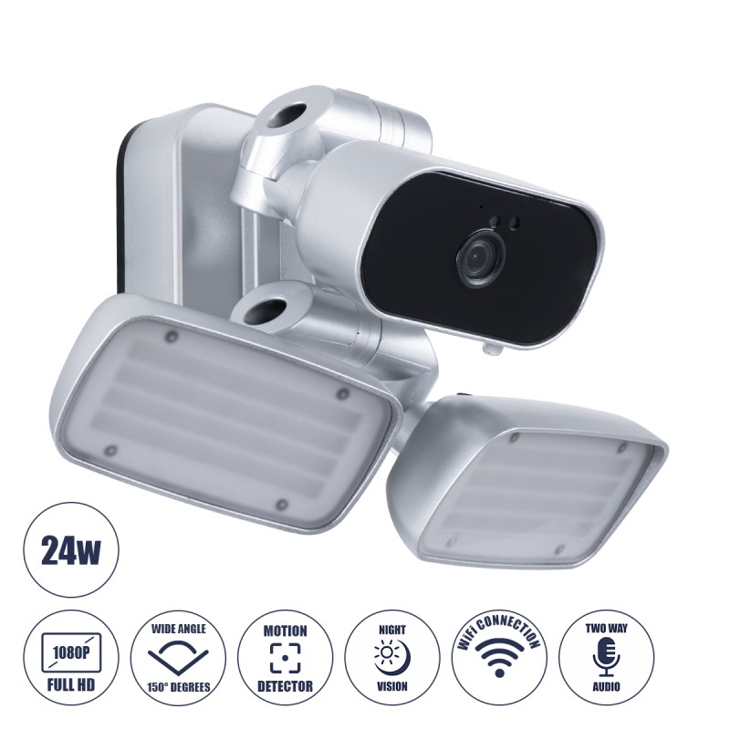 GloboStar® 86043 Προβολέας LED SMD 24W 2160lm με IP Camera 1080P 2MP WiFi 150° Μοιρών - AC 230V - με Αισθητήρα Ημέρας-Νύχτας & Ρύθμιση Χρόνου Ανάμματος - Αδιάβροχος IP66 Ψυχρό Λευκό 6000K - Ασημί GloboStar® 86043 Προβολέας LED SMD 24W 2160lm με IP Camera 1080P 2MP WiFi 150° Μοιρών - AC 230V - με Αισθητήρα Ημέρας-Νύχτας & Ρύθμιση Χρόνου Ανάμματος - Αδιάβροχος IP66 Ψυχρό Λευκό 6000K - Ασημί
