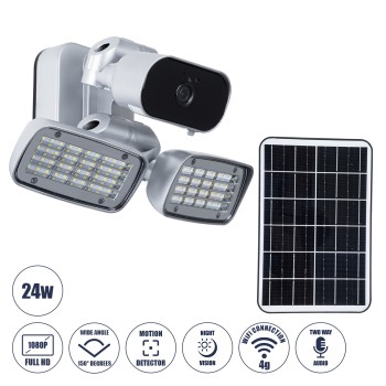 GloboStar® 86045 Αυτόνομος Ηλιακός Προβολέας LED SMD 24W 1200lm με IP Camera 1080P 2MP 4G SIM CARD WiFi 150° Ενσωματωμένη Μπαταρία 3200mAh Φωτοβολταϊκό Πάνελ Αισθητήρα Ημέρας-Νύχτας & Ρύθμιση Χρόνου Ανάμματος Αδιάβροχος IP66 Ψυχρό Λευκό 6000K - Ασημί GloboStar® 86045 Αυτόνομος Ηλιακός Προβολέας LED SMD 24W 1200lm με IP Camera 1080P 2MP 4G SIM CARD WiFi 150° Ενσωματωμένη Μπαταρία 3200mAh Φωτοβολταϊκό Πάνελ Αισθητήρα Ημέρας-Νύχτας & Ρύθμιση Χρόνου Ανάμματος Αδιάβροχος IP66 Ψυχρό Λευκό 6000K - Ασημί