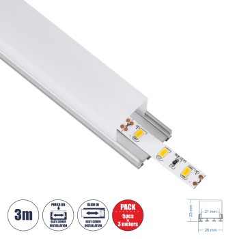 GloboStar® SURFACEPENDANT-PROFILE 70847-3M Προφίλ Αλουμινίου - Βάση & Ψύκτρα Ταινίας LED με Λευκό Γαλακτερό Κάλυμμα - Επιφανειακή & Κρεμαστή Χρήση - Πατητό Κάλυμμα - Ασημί - 3 Μέτρα - Πακέτο 5 Τεμαχίων - Μ300 x Π2.6 x Υ2.3cm GloboStar® SURFACEPENDANT-PROFILE 70847-3M Προφίλ Αλουμινίου - Βάση & Ψύκτρα Ταινίας LED με Λευκό Γαλακτερό Κάλυμμα - Επιφανειακή & Κρεμαστή Χρήση - Πατητό Κάλυμμα - Ασημί - 3 Μέτρα - Πακέτο 5 Τεμαχίων - Μ300 x Π2.6 x Υ2.3cm