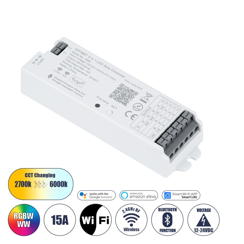 GLOBOSTAR® TUYA-WB5 73008 DC WiFi & Bluetooth Master Dimmer / Controller Υψηλής Ταχύτητας με 5 x 6A 72W Κανάλια DC 12-24V 15A 360W Max IP20 - WiFi & Bluetooth - Μ12.2 x Π3.8 x Υ2.2cm - 5 Χρόνια Εγγύηση GLOBOSTAR® TUYA-WB5 73008 DC WiFi & Bluetooth Master Dimmer / Controller Υψηλής Ταχύτητας με 5 x 6A 72W Κανάλια DC 12-24V 15A 360W Max IP20 - WiFi & Bluetooth - Μ12.2 x Π3.8 x Υ2.2cm - 5 Χρόνια Εγγύηση