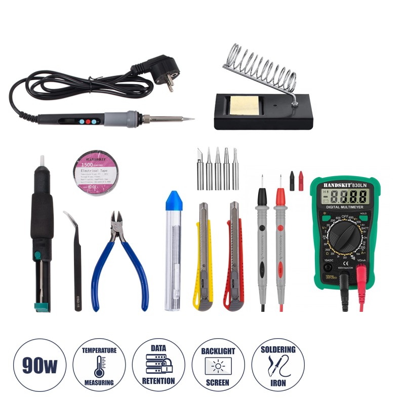 GLOBOSTAR® ELEKIT 79978 Ολοκληρωμένο DIY ΚΙΤ Εργαλείων Ηλεκτρονικού - Κολλητήρι & Βάση, Απορροφητική Τρόμπα Κόλλησης, Πλαγιοκόφτης, Τσιμπιδάκι Tweezer, Πενσέτα, Καλάι Κόλλησης, Κοπίδια, Φαλτσέτες & Ψηφιακό Πολύμετρο